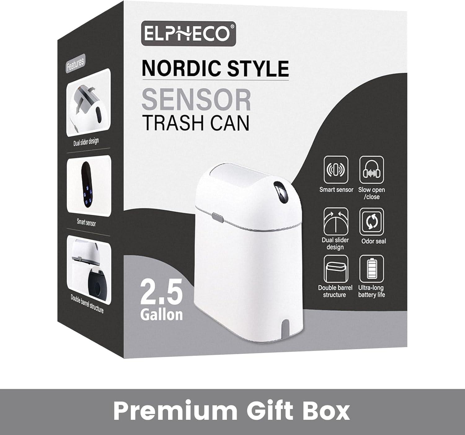 imageELPHECO Bathroom Trash Can 25 Gallon Motion Sensor Waterproof Trash Bin with Butterfly lid Bathroom Decor Waste Basket Garbage Bin for Bedroom Kitchen and Office use White with Grey ButtonGrey