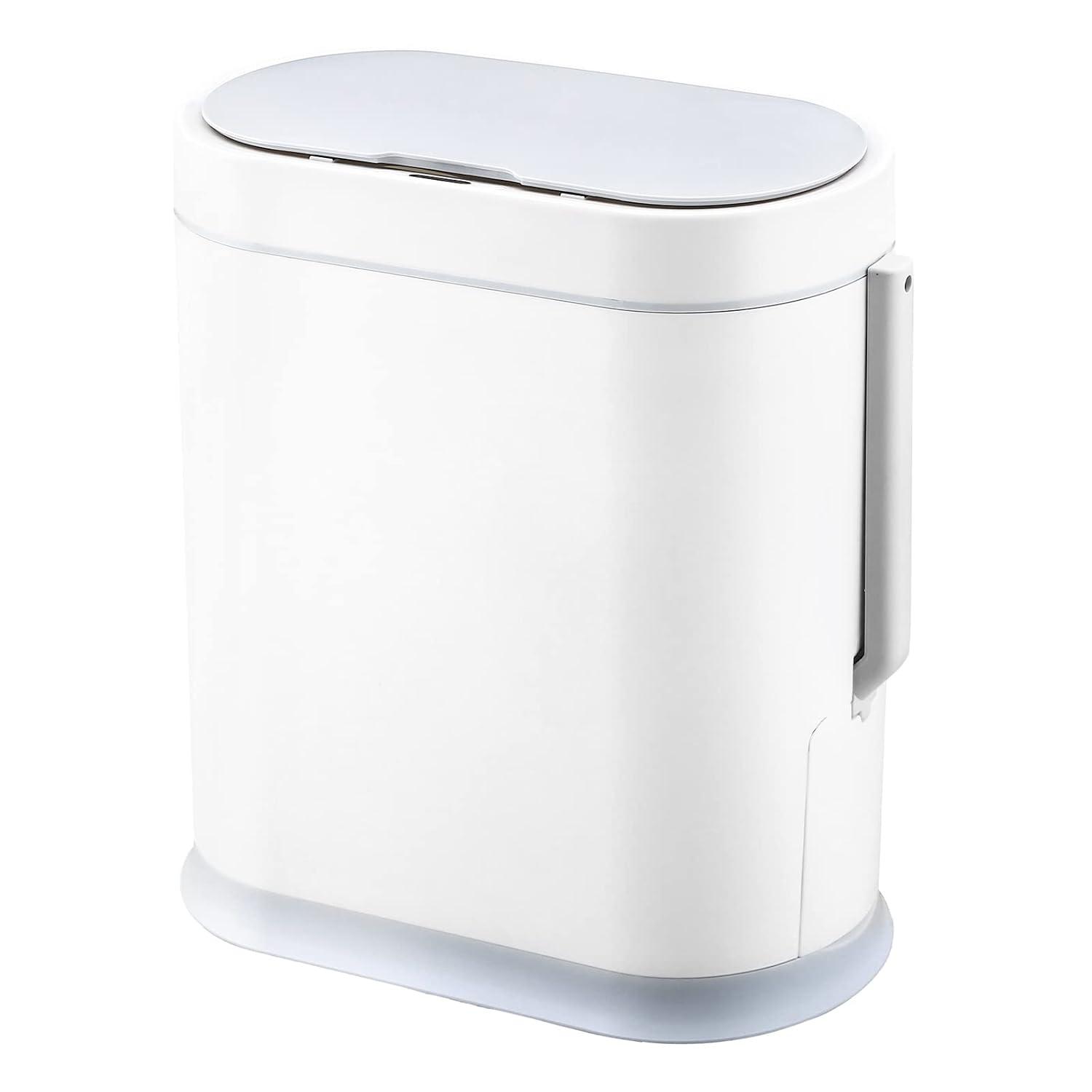 imageELPHECO Bathroom Trash Can with lid 25 Gallon Waterproof Motion Sensor Wastebasket Automatic Trash Bin Bathroom Decor for Bedroom and Office White with Golden TrimWhite