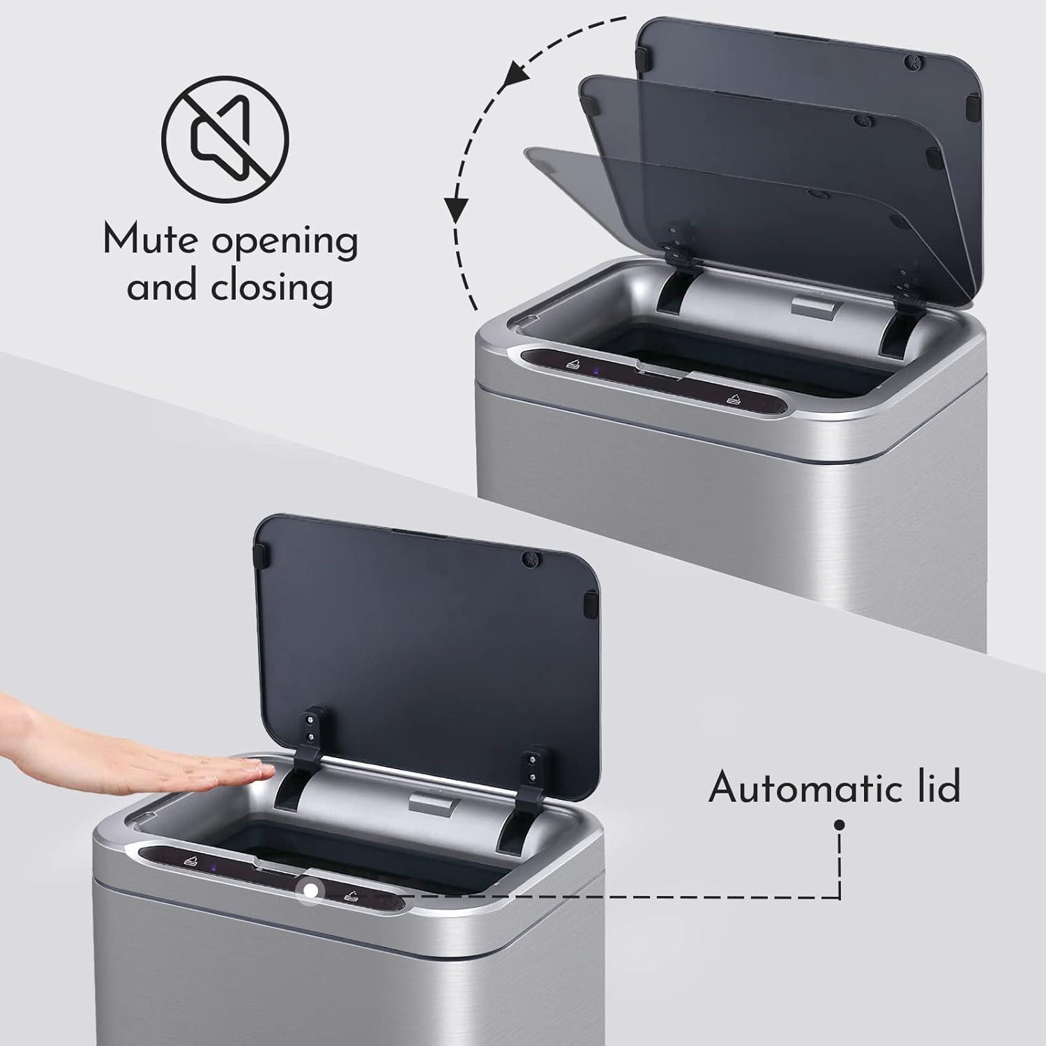 imageELPHECO Stainless Steel Office Trash Can 66 Gallon Motion Sensor Garbage Bin Rectangular Automatic Touch Free Waste Bin for Hotel and Living RoomSilver