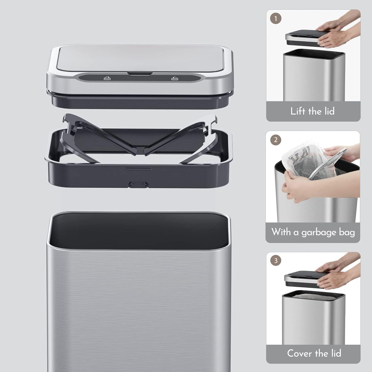 imageELPHECO Stainless Steel Office Trash Can 66 Gallon Motion Sensor Garbage Bin Rectangular Automatic Touch Free Waste Bin for Hotel and Living RoomSilver
