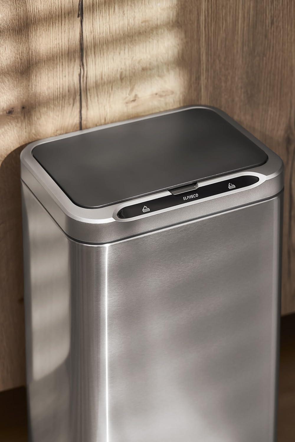 imageELPHECO Stainless Steel Office Trash Can 66 Gallon Motion Sensor Garbage Bin Rectangular Automatic Touch Free Waste Bin for Hotel and Living RoomSilver