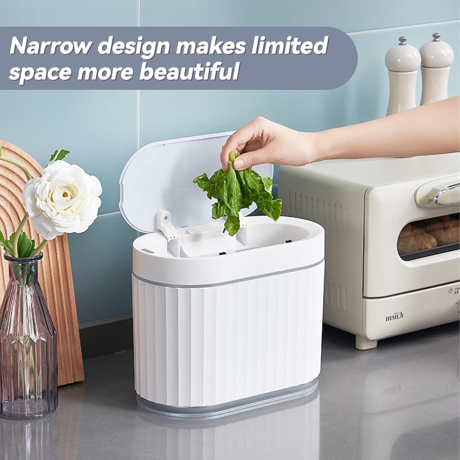 imageMini Trash Can with Lid ELPHECO Small Desktop Trash Can with Lid 5 Liter Automatic Garbage Bin 13 Gallon Motion Sensor Countertop Waste Basket for Bedroom Office Bathroom White with Grey Trim