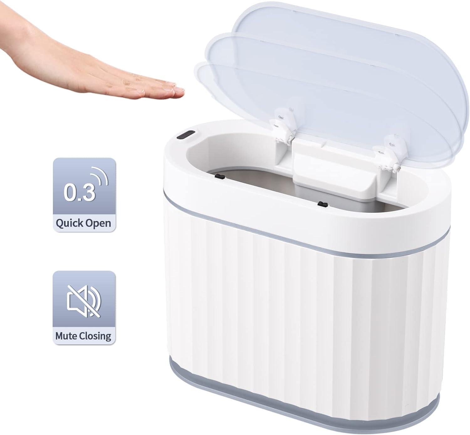 imageMini Trash Can with Lid ELPHECO Small Desktop Trash Can with Lid 5 Liter Automatic Garbage Bin 13 Gallon Motion Sensor Countertop Waste Basket for Bedroom Office Bathroom White with Grey Trim
