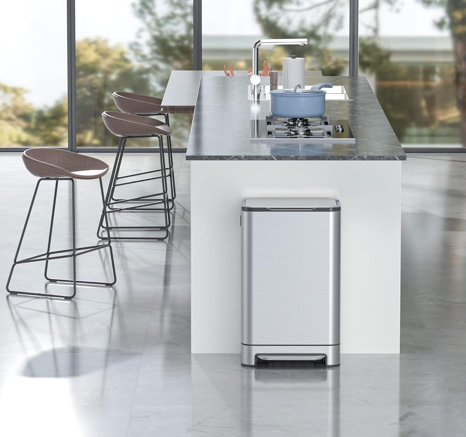 imageKitchen Trash Can ELPHECO 132 Gallon Stainless Steel Garbage Bin with Soft Slow Lid 50 Liter Pedal Trash Can Durable Pedal Removable Plastic Inner Bucket Waste Bin for Office Kitchen OutsideSliver