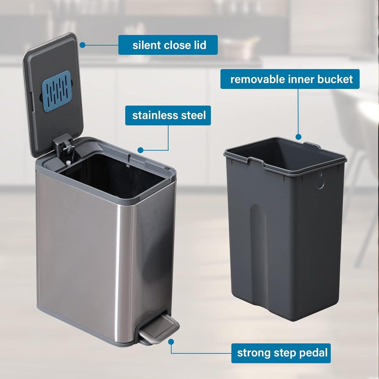 imageELPHECO Small Step Trash Can with Lid 13 Gallon Slim Bathroom Trash Can with Lid Soft Close Mini Staniless Steel Garbage Can Small Metal Trash Can with Foot Pedal for Bathroom Office RV